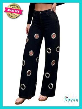 Wide Leg Jeans High Waisted Metal Ring Cut-Out Denim Pants Ripped Distressed Y2K